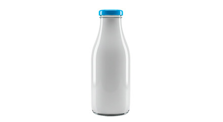 A sleek glass milk bottle with a vibrant blue cap, isolated on a black backdrop.