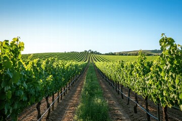 Sunny day in vineyard with hills in background