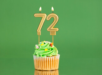 Number 72 birthday candle - Cupcake on a green background