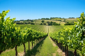 Fototapeta premium Long rows of grapevines under sun