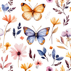 Pattern: Aquarell-Schmetterlinge und Blumen