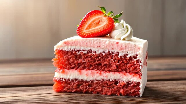 Strawberry Delight: A close-up shot of a single slice of delectable strawberry cake, a tantalizing dessert. A single slice showcasing layers of red velvet cake and creamy frosting.