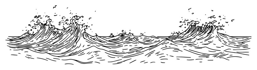ocean waves rolling in rough sea hand drawn style