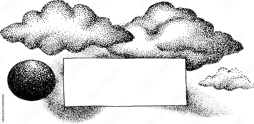 Poster intricate ink stippling illustration with clouds and circle design for artistic projects