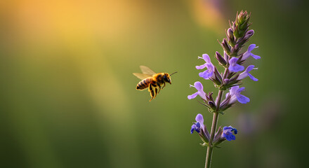 Flying Honey Bee Nearing Purple Flowers in Summer Light
