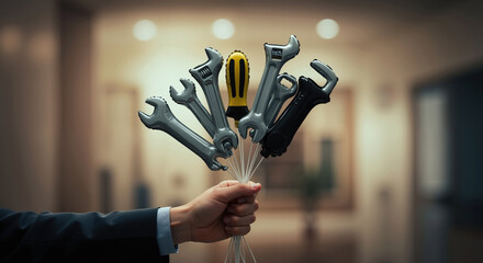 Hand holding bouquet of tool-shaped balloons with metal wrenches and screwdrivers. Creative gift concept for handyman. Father's Day and professional holiday celebration