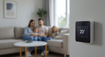 Smart thermostat showing 20 degrees with blurred family sitting on couch in living room. Digital temperature display mounted on wall with home interior background. Climate control technology