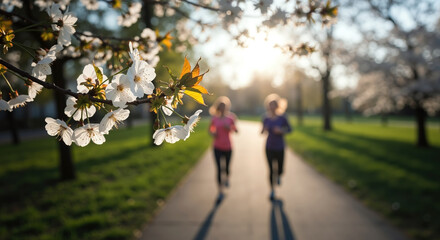 Obraz premium White cherry blossoms with blurred runners jogging in park during golden sunset. Spring flowers on branches with people exercising on path. Fitness motivation. Health services, marathon training