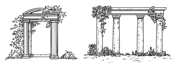 ancient architectural columns with creeping ivy