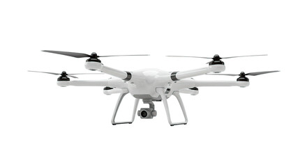 A pristine white drone captured with a camera, ready for flight on a black backdrop.
