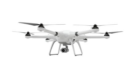 A pristine white drone captured with a camera, ready for flight on a black backdrop.