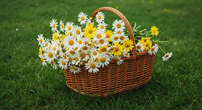 Wicker basket filled with white daisies and yellow flowers on green grass. Natural flower arrangement in rustic container outdoors in garden setting. Spring floral concept