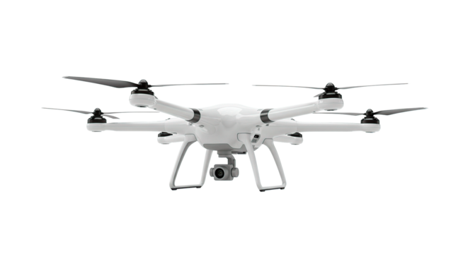A pristine white drone captured with a camera, ready for flight on a black backdrop.