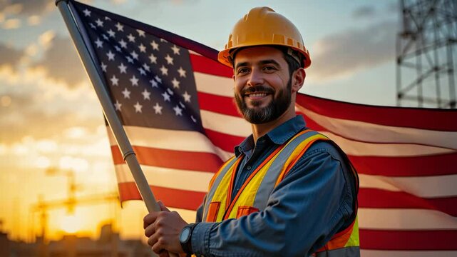 Smiling construction worker in safety vest and helmet standing proudly in front of waving US flag at sunset. Concept of patriotism and labor dignity