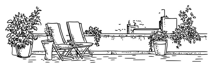 rooftop garden terrace with lounge chairs and plants