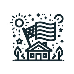 House with American flag surrounded by decorative stars and sun  