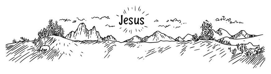 Fototapeta premium jesus lettering above mountain landscape scene