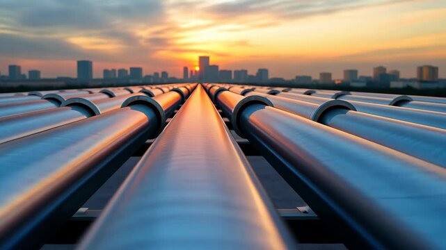 Energy's Arteries: A perspective view of long, parallel pipes leading toward a cityscape bathed in the warm hues of sunset, symbolizing infrastructure and transportation.