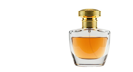 Exquisite perfume bottle with golden details against a dark backdrop.
