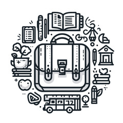 Educational icons and school bag in minimalist line art style  
