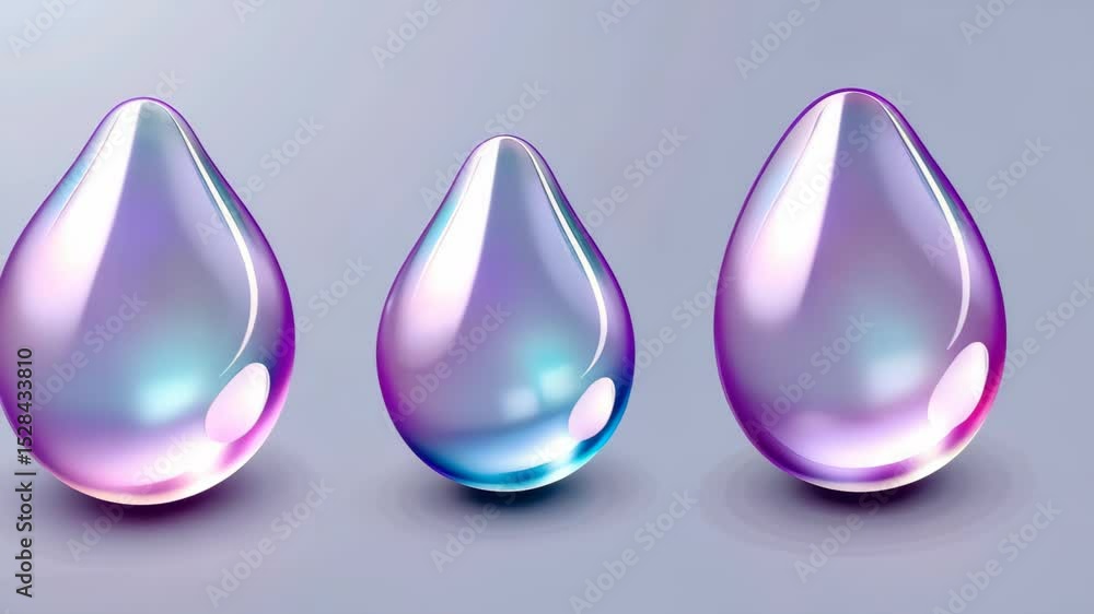 Poster vibrant water droplets: three meticulously rendered, iridescent water droplets shimmer with a blend 