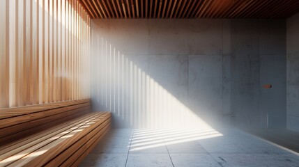 Obraz premium A serene, modern sauna featuring sleek wooden benches and soft natural light, providing a peaceful escape that embodies relaxation, wellness, and minimalism in design.