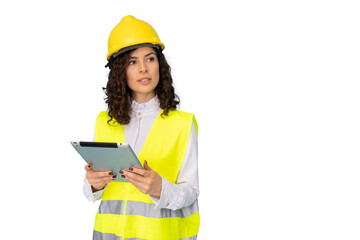 Professional female engineer checking digital tablet, wearing protective gear against transparent background