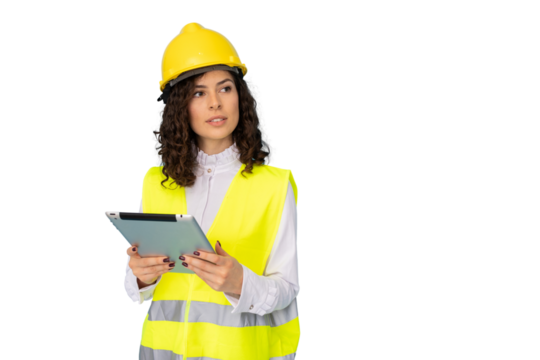 Professional female engineer checking digital tablet, wearing protective gear against transparent background