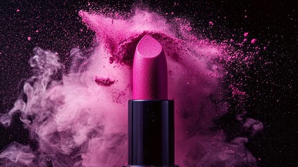 Vibrant Pink Lipstick Surrounded by Colorful Powder Splashes