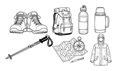 hiking gear essentials kit with equipment illustrations