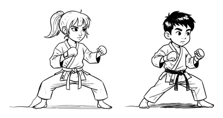 kids practicing martial arts line art illustration