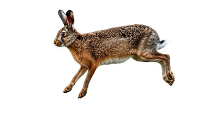 A stunning shot of a brown hare mid-leap, showcasing its speed and agility against a black backdrop.
