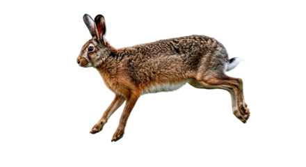 A stunning shot of a brown hare mid-leap, showcasing its speed and agility against a black backdrop.