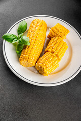 Corn cob boiled snack vegetables fresh tasty gourmet food background on the table rustic food top view copy space keto and paleo diet vegetarian and vegan food