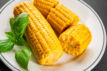 Corn cob boiled snack vegetables fresh tasty gourmet food background on the table rustic food top view copy space keto and paleo diet vegetarian and vegan food