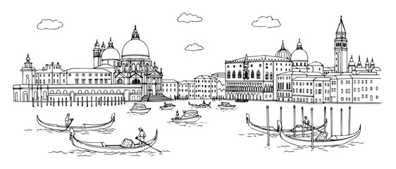 venice skyline with gondolas hand drawn illustration © Kaz