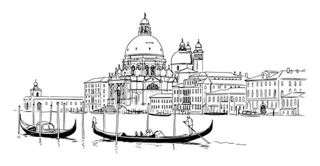 venetian buildings and gondolas on canal detailed sketch