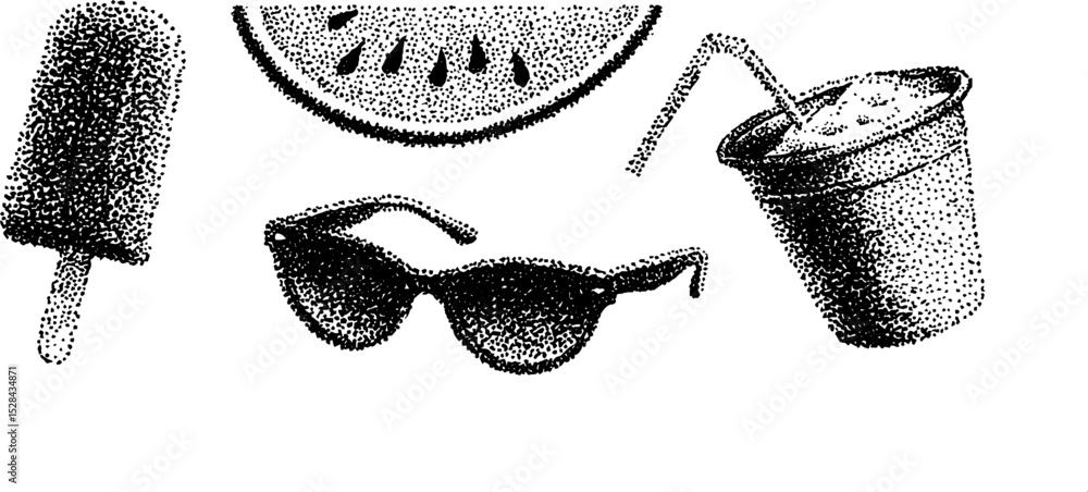 Poster hyper detailed stippling ink set featuring summer objects for creative design