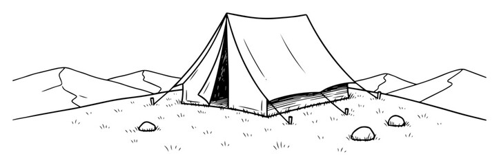 camping tent pitched in mountains line art