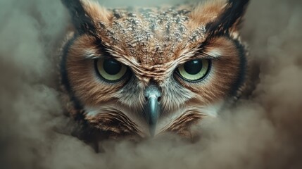 An impressive owl is captured in a focused gaze amidst ethereal fog, representing wisdom, mystery, and power, creating a haunting yet beautiful wildlife moment.
