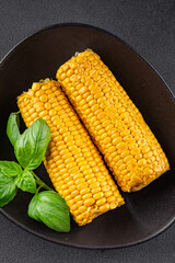 Corn cob boiled snack vegetables fresh tasty gourmet food background on the table rustic food top view copy space keto and paleo diet vegetarian and vegan food
