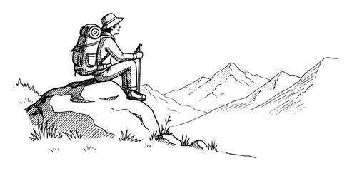 hiker resting on rock in mountain view