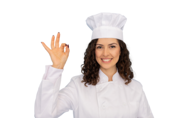 Smiling female chef showing okay sign with transparent background, ideal for food and restaurant related projects