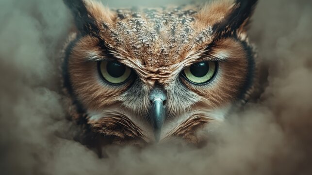 An impressive owl is captured in a focused gaze amidst ethereal fog, representing wisdom, mystery, and power, creating a haunting yet beautiful wildlife moment.