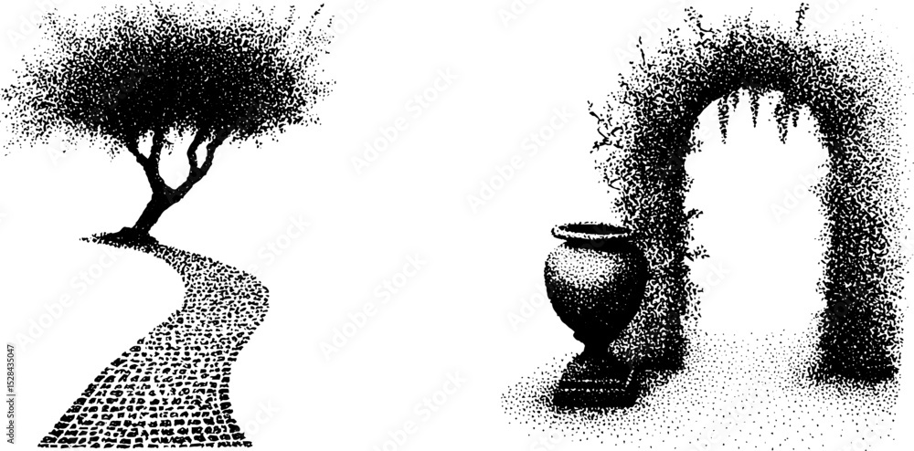 Aufkleber ink stippling illustrations: pathway with tree and archway with pot for artistic design