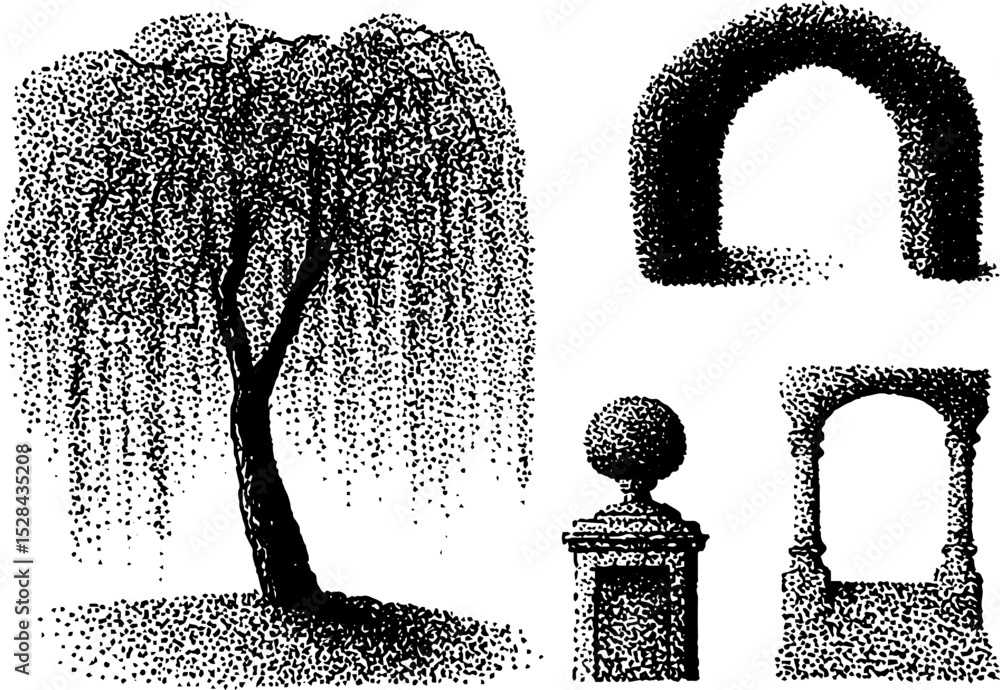 Aufkleber intricate stippling ink art featuring weeping tree and architectural elements