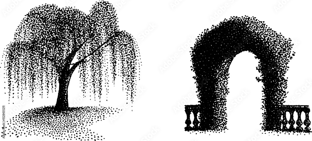 Aufkleber intricate stippling ink art: tree and archway set for elegant design concepts