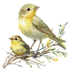 A Mother Warbler With Her Kid, watercolor painting vector, high quality, isolated on a white background.