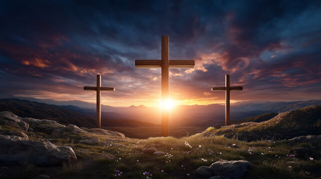A landscape view of three crosses at dusk, the central one symbolizing Jesus Christ. Glowing horizon, distant hills, symbolic and inspirational mood. sunset with three crosses, jes