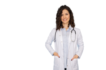 Confident female doctor smiling with hands in pockets, wearing lab coat and stethoscope on a transparent background